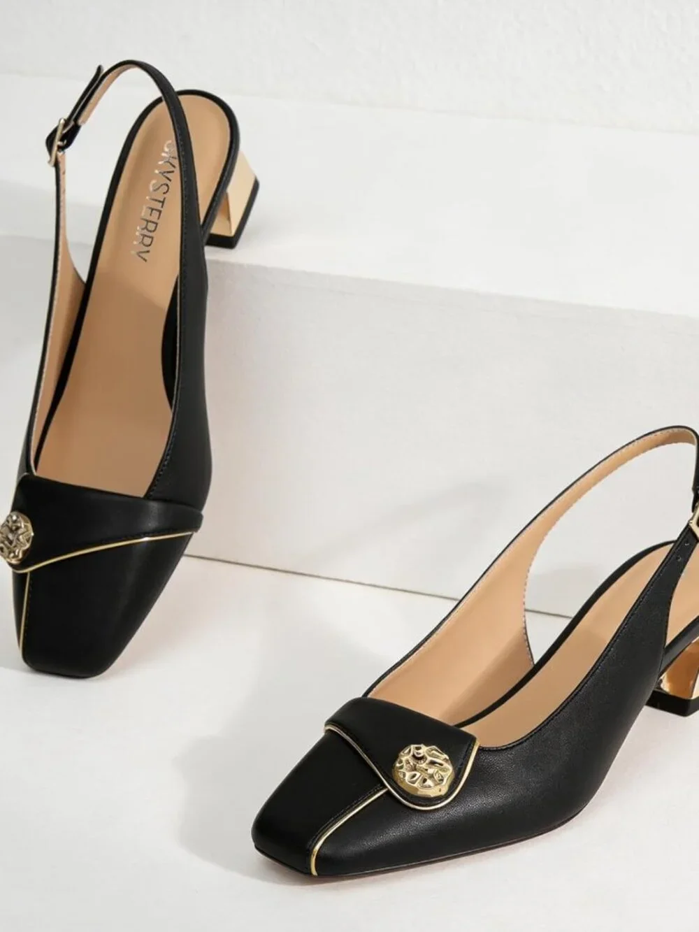 Women's Slingback Chunky Block Heels Closed Square Toe Pumps Low Heel Black - Picture 4 of 6